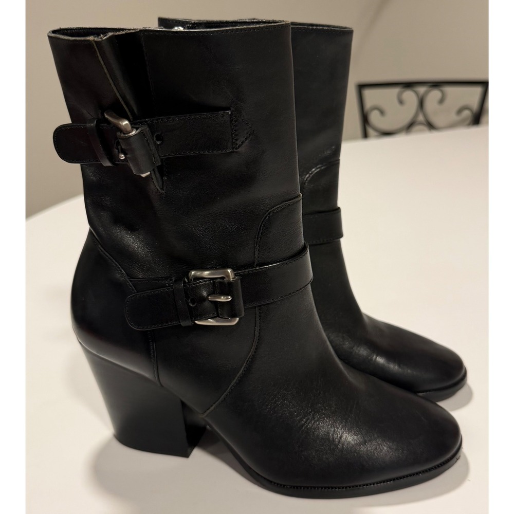Michael Kors Black Leather Moto Buckle Ankle Boots Block Heel 6M PW16F